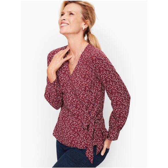 Talbots Maroon Curly Roses Floral Wrap Blouse Poet Sleeve Office Womens Plus 2x - Picture 1 of 7